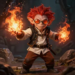 An epic fantasy comic book style portrait painting of young Gollum with red spiked long hair, using an orange lens googles. Wearing white shirt, a black waistcoat, brown pants and black boots. He is throwing a wild fire blast from his hands, with a vicious smile in face. Unreal 5, DAZ, hyperrealistic, octane render, cosplay, RPG portrait, dynamic lighting , 8k ,