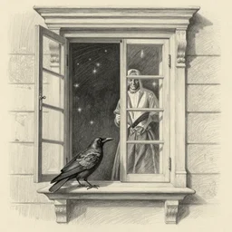 a raven and a character in an open window at night, victorian architecture, pencil drawing