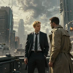 An epic, distopian cityscape painting in the style of bladerunner with a blond man in a suit in the center and another man in a Trenchcoat talking to hin in secret, unreal 5, DAZ, hyperrealistic, octane render, volumetric clouds, dynamic lighting