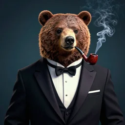 A full shot portrait of a Bear in a tuxedo smoking a pipe. Unreal Engine 5. DAZ. Hyper-realistic. Octane render. Symmetrical. Attention to detail. Vibrant bright colours. High saturation. Extremely moody lighting. Atmospheric. Cinematic. Intricate. 8K. Stunning. Breathtaking. Awe-inspiring. Award-winning. Concept art. Trending. ArtStation