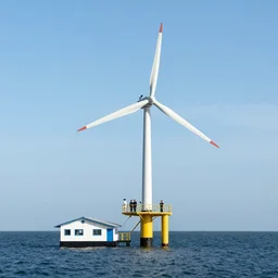 an offshore windmill that is also a habitat for people to live on the branch of the windmill. There is also a house boat at the water that connects to the windmill