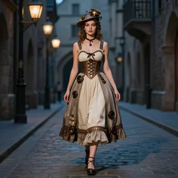 full body portrait photo of reol wearing a elegant pleated steampunk dress, open top, wearing a cute hat, waling down a medieval street, exterior, streetlamps, dim studio lighting, ( ( photograph ) ), moody, realistic, detailed, low light, skin tinted a warm tone, light blue filter,