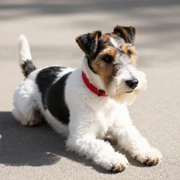 old fox terrier with a white and black coat, red collar, white tail, lying in the sun