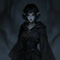 a scary female shadowy elf in dark robes, short curly black hair bangs, dnd character art portrait, by ruan jia