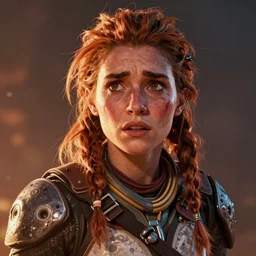 portrait of scared Aloy from Horizon: Zero Dawn, comic book illustration, by John Kirby