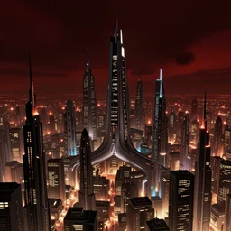star wars concept art by greg rutkowski, a huge metropolis with sharp and elegant buildings, it is night and it feels busy, the buildings are bright, dark and reddish night sky, cinematic lighting, oppressive atmosphere.