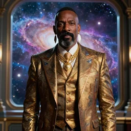mr. t as president of the galaxy with mohawk and wearing gold jewelry and a fancy retro scifi three - piece suit and feather earrings, patriotic, nebula background outside window, cinematic lighting, medium shot, color splash, imax