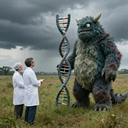 in a field, two scientists in lab coats encounter a monster shaped like the DNA double helix, stormy weather, by Rob Gonsalves ahd