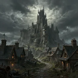 extreme long shot concept art depicted old english majestic town, dramatic mood, overcast mood, dark fantasy environment, dieselpunk, art inspired by league of legends and arcane, style by jason engle and jordan grimmer, trending on artstation, unreal engine, golden ratio, spectacular composition