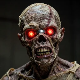 an action shot from a horror movie featuring a mummified zombie based on Eddie The Head from Iron Maiden fame with realistic mummified skin and rotting human teeth and a 2cm metal strip between and above his eyes bridging the surgery scar encircling his head and glowing red fireballs for eyeballs