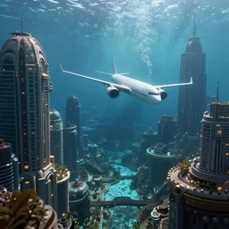 an underwater city with a plane Crossing, digital art l, trending on artstation, high detail 4k hd.