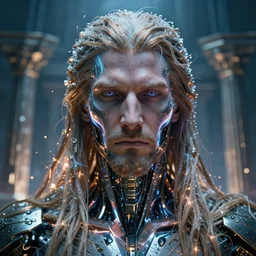 a cyberpunk close up portrait of cyborg zeus, electricity, sparks, bokeh, soft focus, sparkling, glisten, water drops, cold, dark, geometric, temples behind, by paul lehr, jesper ejsing