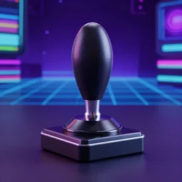 product shot render for atari joystick, 8 k render, cinema 4 d, synthwave, retrowave color backdrop, depth of focus, glossy
