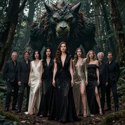 a fancy portrait of a women standing before a giant creature in a dark forest by greg rutkowski, sung choi, mitchell mohrhauser, maciej kuciara, johnson ting, maxim verehin, peter konig, 8 k photorealistic, cinematic lighting, hd, high details, dramatic, atmosphereric, trending on artstation