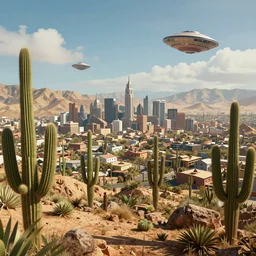 a city in a desert, surrounded by cacti, hills in the background, flying saucers in the sky above the city, unreal engine, insanely detailed.