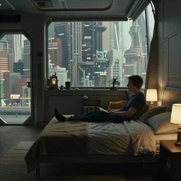 wes andersen set for a movie scene in a bedroom of a solarpunk city 2048