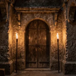 medieval prison catacombs with torches, door in front, stone walls, trending on artstation, 30mm, by Noah Bradley
