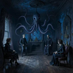 gothic mansion service room, wooden floor, darkness, evil, creepy, science, 1 9 century, hard atmosphere, lovercraft, insmouth, tentacles, artwork, paint, blue tones, detailed, by bastien lecouffe deharme, by jeremy mann, by alexander fedosav
