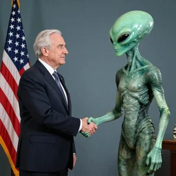 The President of the United States shaking hands with a sinister space alien, official portrait