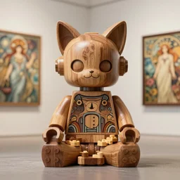 8k octane render ultra photorealistic hyperdetailed a wooden sculpture ,art toys on feet ,very cute robot mystic with cat ears zen meditation cyberpunk ,trending on cgsociety ,artwork masterpiece , a on contemporary art gallery and néo Paris by Alphonse Mucha and Lego