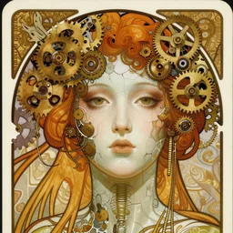 A close-up portrait of a beautiful female android wearing an intricate cracked porcelain face by Alphonse Mucha , exposed inner gears, steampunk, art nouveau, card, concept art, wlop, trending on artstation