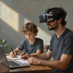 a painting of a son, who lives in sao paulo and father, who lives in portugal are writing a news column about vr and ai