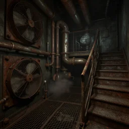 wire, grate, iron, pipes, steam, plant, fans, stairs, rust horror darkness, highs detailed, unreal engine