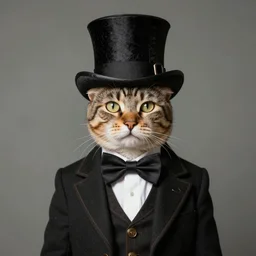 a cat wearing a top hat and a bow tie, a stock photo by René Magritte, shutterstock contest winner, pop surrealism, steampunk, surrealist, handsome