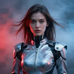 ( ( symmetry ) ) closeup portrait of a chrome ( cyborg ) girl, fashion racer jumpsuit with shoulder pads, cinematic light, windy, red blue, ( ( volumetric smoke ) ), mist, by gerald brom, by mikhail vrubel, by peter elson, muted colors, extreme detail, trending on artstation, 8 k