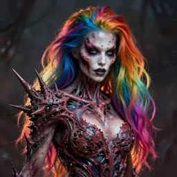 a brutal woman warped in horror with long rainbow - colored hair, her skin has gaps, spikes, and complex alien textures