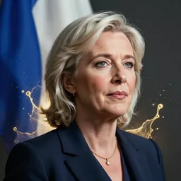 Portrait of Marine le Pen ,  french flag, nationalistic, amazing splashscreen artwork, splash art, head slightly tilted, natural light, elegant, intricate, fantasy, atmospheric lighting, cinematic, matte painting, by Greg rutkowski