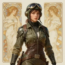 A full portrait of a beautiful post apocalyptic fighter pilot, intricate, elegant, highly detailed, digital painting, artstation, concept art, smooth, sharp focus, illustration, art by Krenz Cushart and Artem Demura and alphonse mucha