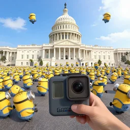 GoPro selfie footage of an army of patriotic Minions storming the Capitol, style of Pixar