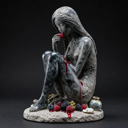 sculpture of a tall emo girl eating berries, made from obsidian and and pumice and japanese glazed pottery and glass, sensual, berry juice dripping, black background, zen,