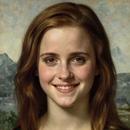 Facial portrait. Emma Watson, looking at the camera, happy. awe inspiring mood, uplifting, extremely detailed painting. by Botticelli, Michelangelo and Leonardo da Vinci.