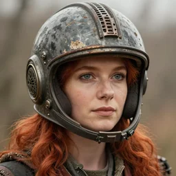 a rustic woman wearing futuristic helmet, detailed face, redhead, by greg rutkowski, mandy jurgens