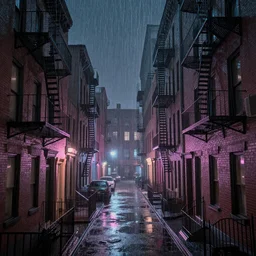 Overview of the back alley of New York by night, under heavy rain. buildings, fire escape ladders. Hardboiled. Noir. Cinematic, hyper realistic, 3D, hyper detailed, ambient lighting, bright pastel color