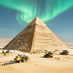 a group of automatic mining machines building pyramids, complete absence of sunlight with aurora borealis in the background, close up peter mohrbacher, featured on artstation, octane render, cinematic, rugged, intricate, 8 k