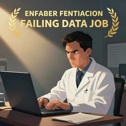 a data scientist scowling at a failing data job, illustration