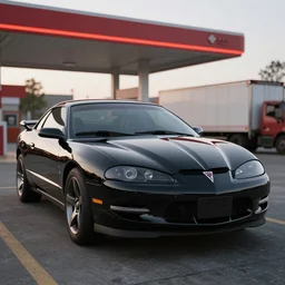 a focused black pontiac firebird car, firebird emblem on bonnet, parked at truck stop, medium shot, sharp, very detailed, high resolution, rendered in unreal engine 5, dramatic lighting