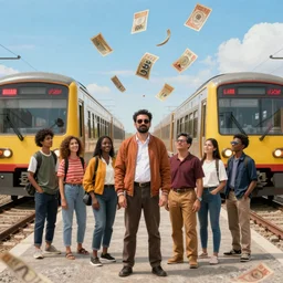 rich man looking at us standing still in front of two trains heading at us, falling money, bright colors, realistic, photo, behance trending