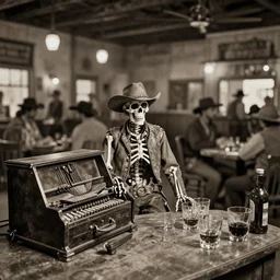 tintype photograph of an renegade skeleton cowboy outlaw at a busy saloon in the old west, alcohol, old player piano, wide angle, volumetric lighting, cinematic, bokeh