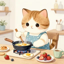 a cute cat cooking a breakfast, masterful watercolor illustration,highly detailed