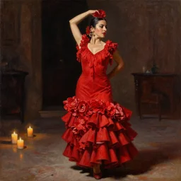 detailedoil painting of spanish flamenco dancer in mallorca wearing a red dress made of flowers, dimly lit by candles on the ground, looking away, dark shadows, photo realistic, extreme detail skin, no filter, slr, 4 k, high definition
