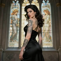 black dress tattooed pinup stands in front of a cathedral window, deep focus, turnaround, fantasy, intricate, elegant, highly detailed, digital painting, artstation, concept art, matte, sharp focus, illustration, hearthstone, art by artgerm and greg rutkowski and alphonse mucha.