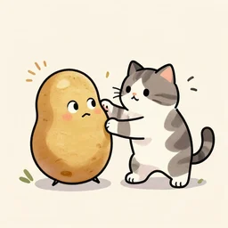 Drawing of a cat fighting a potato with a face.