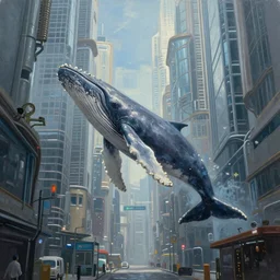 a beautiful painting of a humpback whale suspended in mid air near a skycraper, narrow street, cyberpunk city, hyperrealistic, realistic!, cinematic shot, volumetric light, ultra detailed, epic