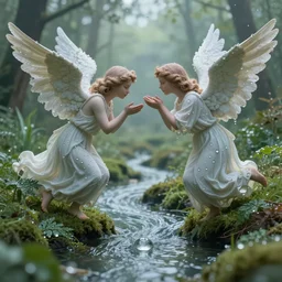 angel love between speech breath loving nature is a long river flowing in world of dew, and within every dewdrop a world of struggle fantasy intricate elegant under, lush volumetric lighting 3 d modelling