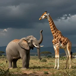 cute elephant and giraffe playing with each other, artwork by goro fujita,