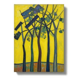 a painting of trees with a yellow background, an art deco painting by mondrian, featured on pixiv, synthetism, fauvism, creative commons attribution, academic art